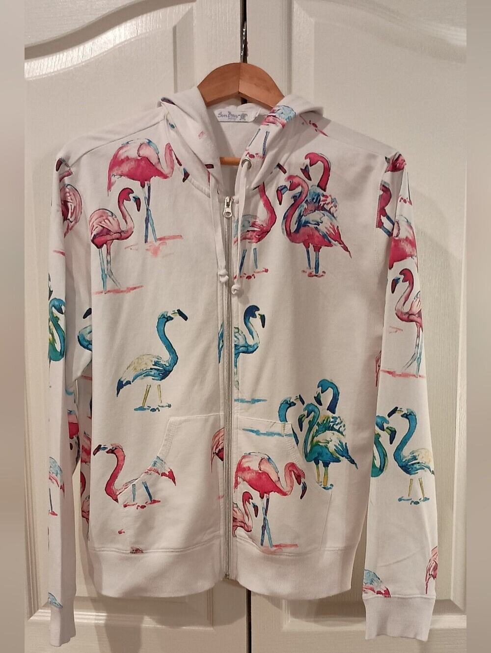 White Zip Hoodie with Pink & Teal Flamingo Print